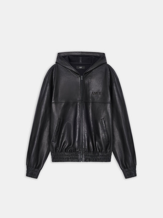 LEATHER OVERSIZED ZIP HOODIE - Black