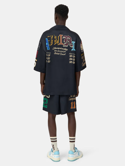 VARSITY PATCH OVERSIZED CAMP SHIRT - Black
